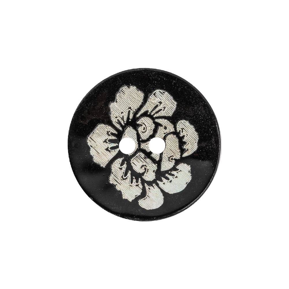 Black and Ivory Iridescent Lacquered Floral 2-Hole Shell Button - 36L/23mm Black and Ivory Iridescent Lacquered Floral 2-Hole Shell Button - 36L/23mm