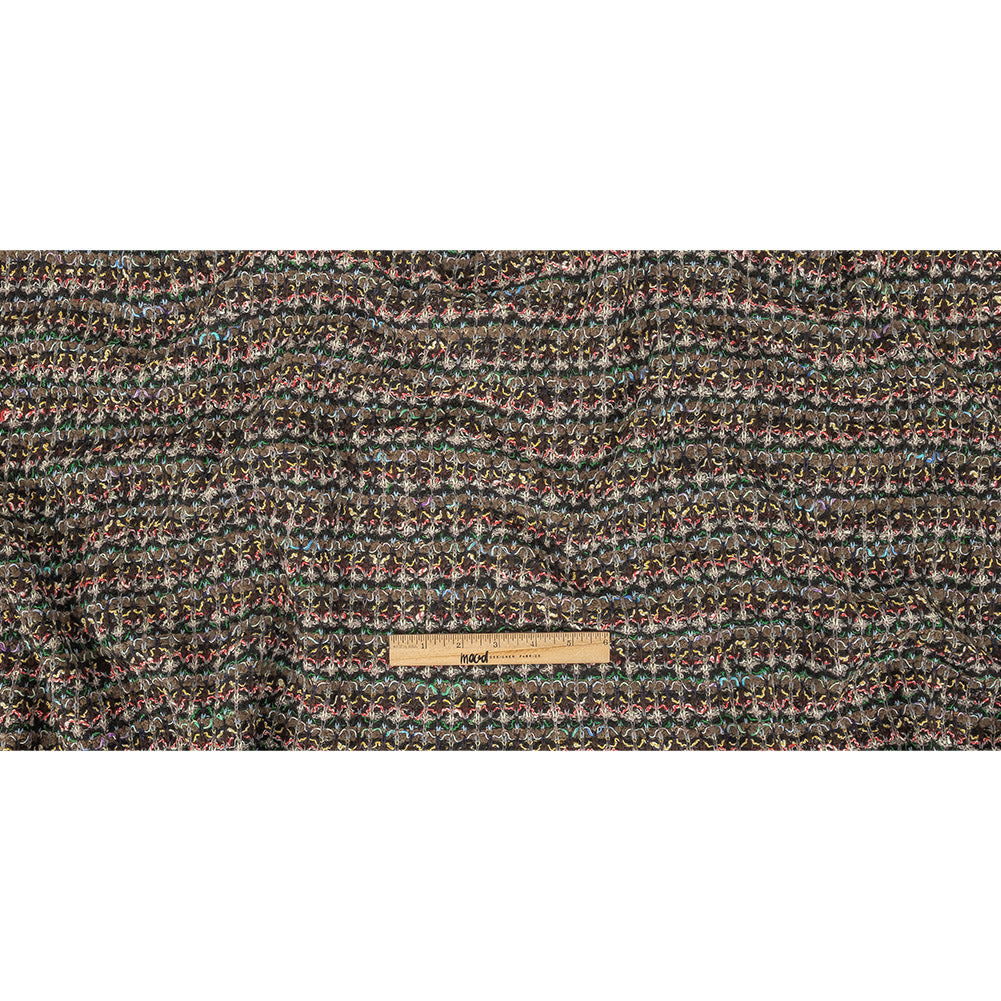 Italian Army Green, Yellow and Hot Pink Stripes Boucled Wool Sweater Knit Full Italian Army Green, Yellow and Hot Pink Stripes Boucled Wool Sweater Knit Full