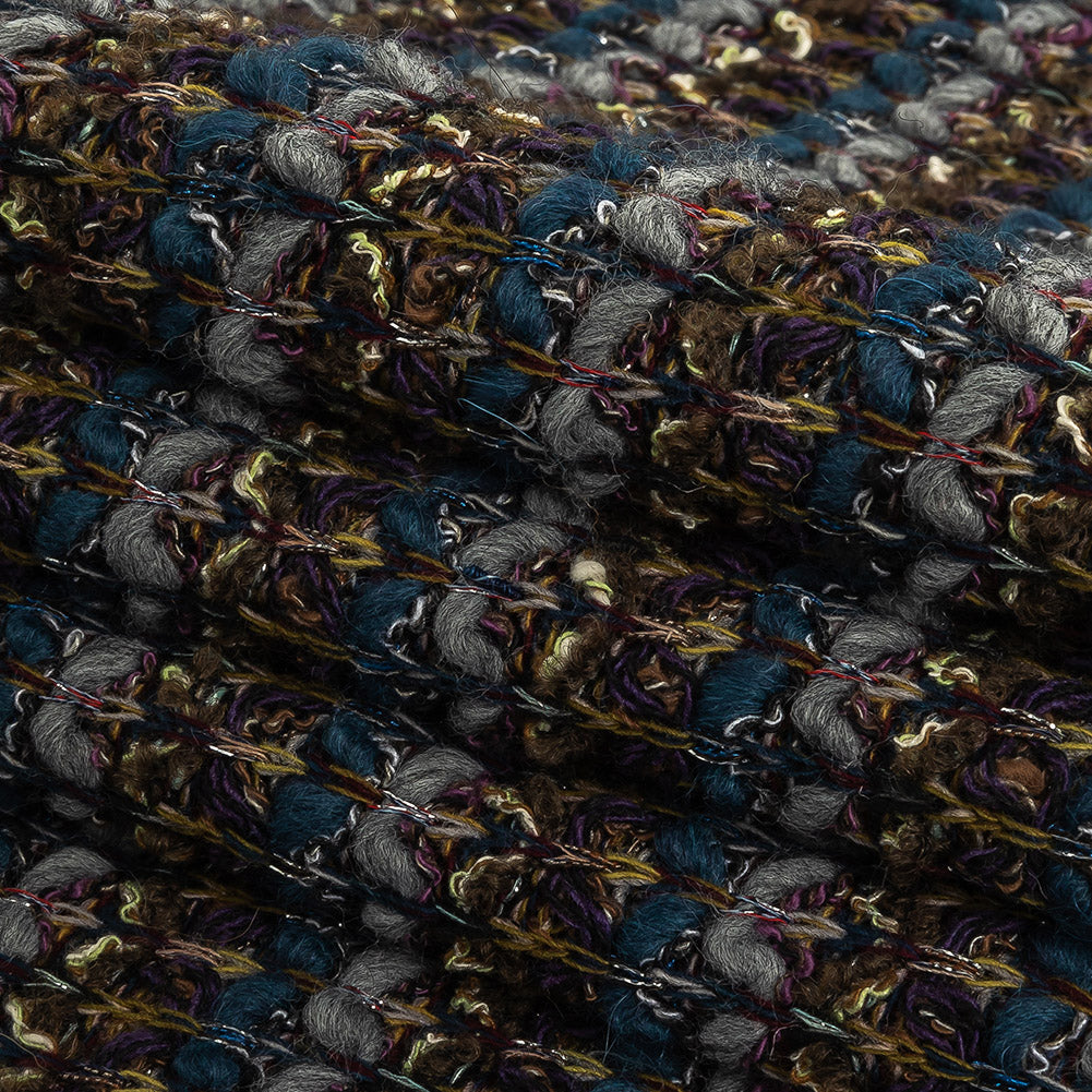 Teal, Gray and Olive Striped Chunky Wool Knit with Metallic Silver Accents Folded Teal, Gray and Olive Striped Chunky Wool Knit with Metallic Silver Accents Folded