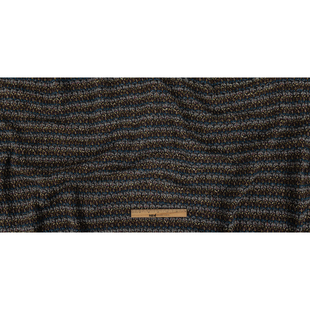 Teal, Gray and Olive Striped Chunky Wool Knit with Metallic Silver Accents Full Teal, Gray and Olive Striped Chunky Wool Knit with Metallic Silver Accents Full