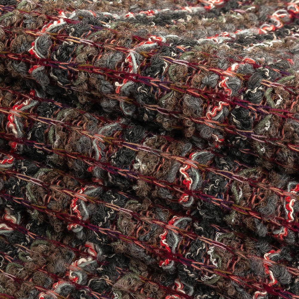 Dark Gull Gray, Golden Olive and Coral Stripes Boucled Wool Sweater Knit Folded Dark Gull Gray, Golden Olive and Coral Stripes Boucled Wool Sweater Knit Folded