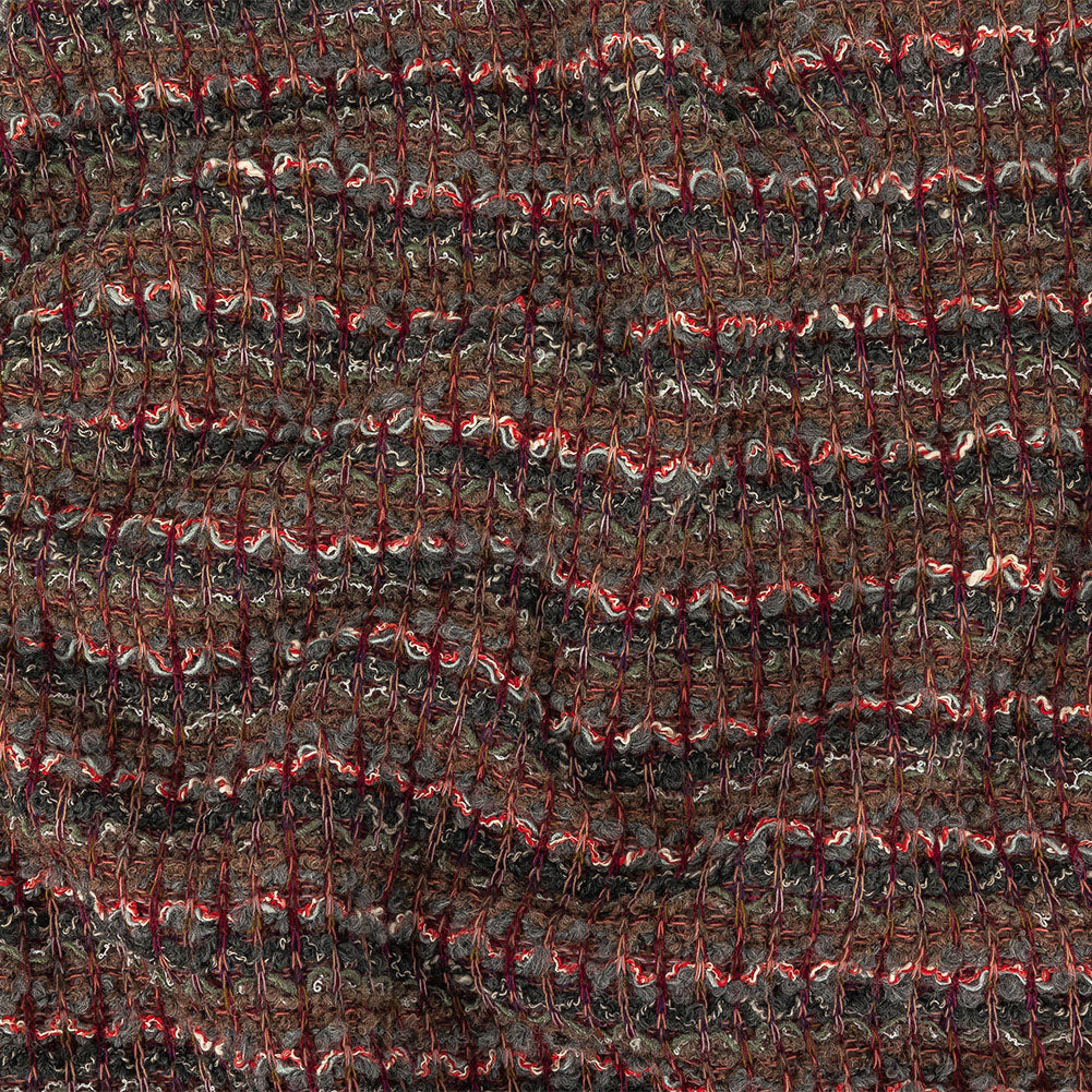 Dark Gull Gray, Golden Olive and Coral Stripes Boucled Wool Sweater Knit Dark Gull Gray, Golden Olive and Coral Stripes Boucled Wool Sweater Knit