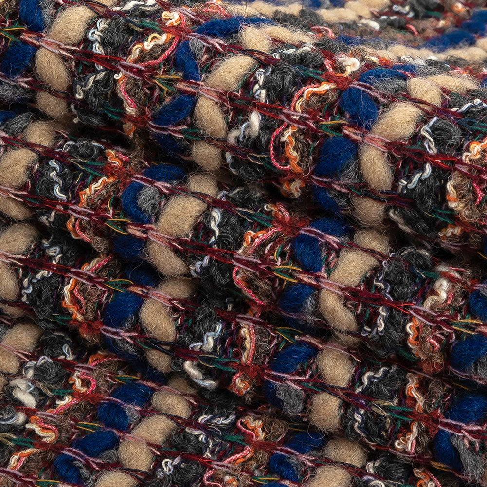 Blue, Sesame, and Wine Chunky Striped Wool Knit Folded Blue, Sesame, and Wine Chunky Striped Wool Knit Folded