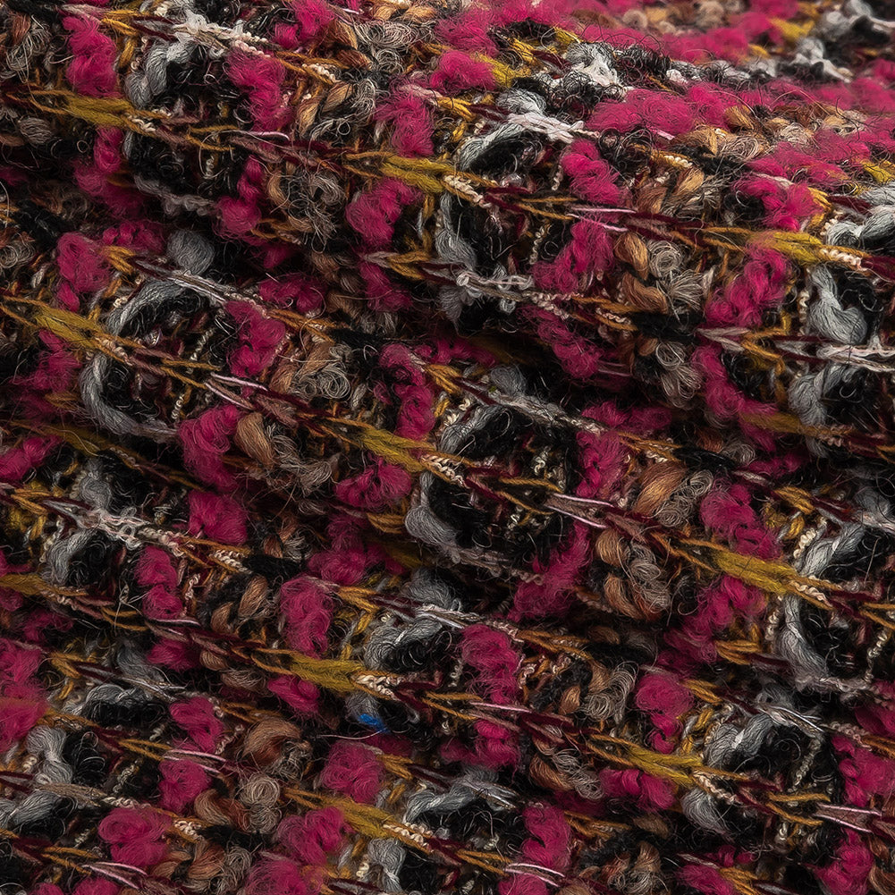 Italian Hot Pink, Gray and Mustard Stripes Wool Boucle Sweater Knit Folded Italian Hot Pink, Gray and Mustard Stripes Wool Boucle Sweater Knit Folded