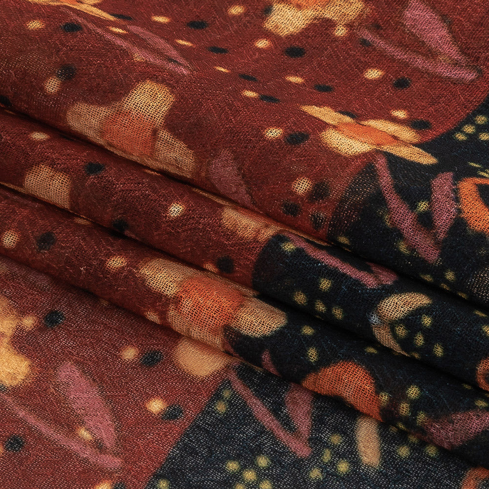 Famous NYC Designer Red, Orange, and Navy Floral Stripes Polyester Georgette Folded Famous NYC Designer Red, Orange, and Navy Floral Stripes Polyester Georgette Folded