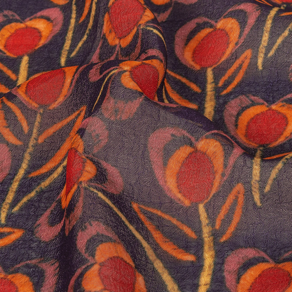 Famous NYC Designer Red, Orange, and Navy Floral Stripes Polyester Georgette Detail Famous NYC Designer Red, Orange, and Navy Floral Stripes Polyester Georgette Detail