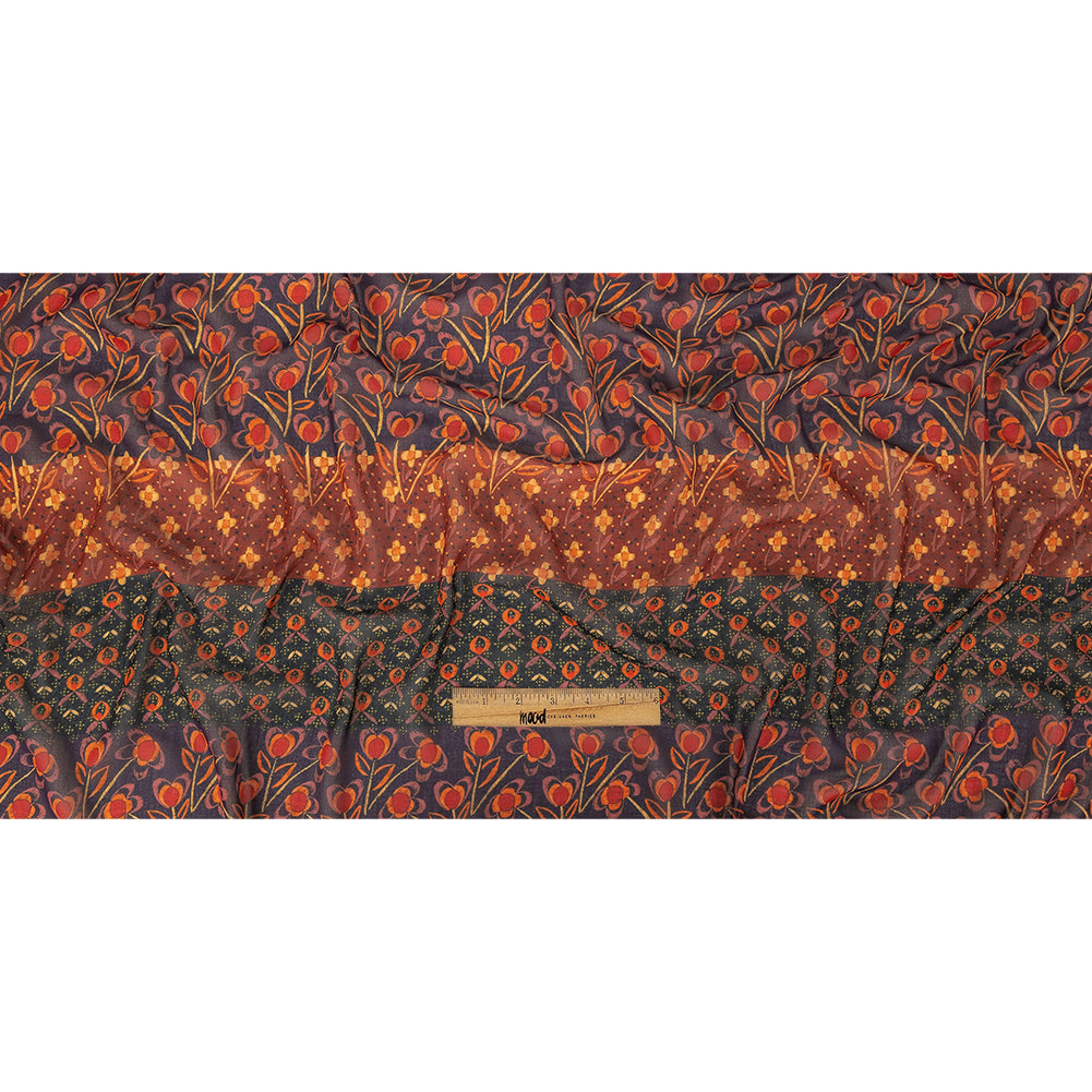 Famous NYC Designer Red, Orange, and Navy Floral Stripes Polyester Georgette Full Famous NYC Designer Red, Orange, and Navy Floral Stripes Polyester Georgette Full