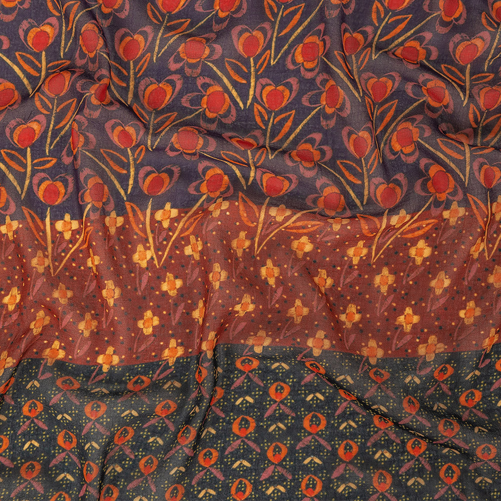 Famous NYC Designer Red, Orange, and Navy Floral Stripes Polyester Georgette Famous NYC Designer Red, Orange, and Navy Floral Stripes Polyester Georgette