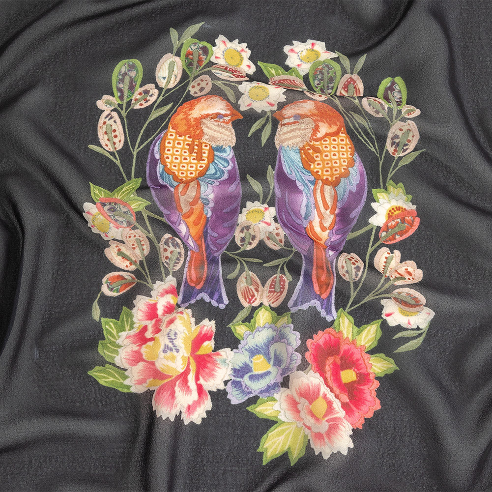 Famous NYC Designer Black, Pink, and Green Lovebirds and Florals Polyester Georgette Panel Famous NYC Designer Black, Pink, and Green Lovebirds and Florals Polyester Georgette Panel