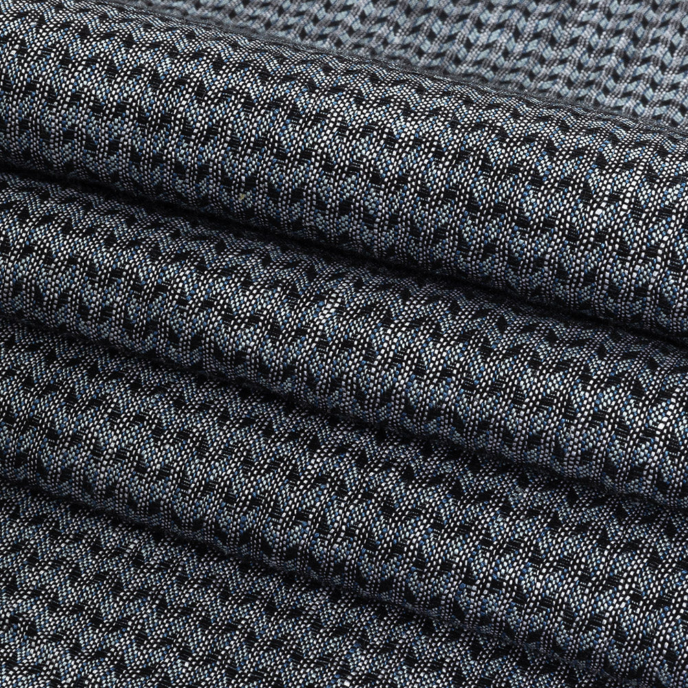 Italian Blue, Black, and White Chevrons Rayon Dobby Shirting Folded Italian Blue, Black, and White Chevrons Rayon Dobby Shirting Folded