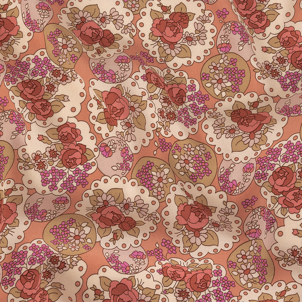 Italian Pink, Purple, and Cream Roses and Doilies Rayon Crepe Italian Pink, Purple, and Cream Roses and Doilies Rayon Crepe