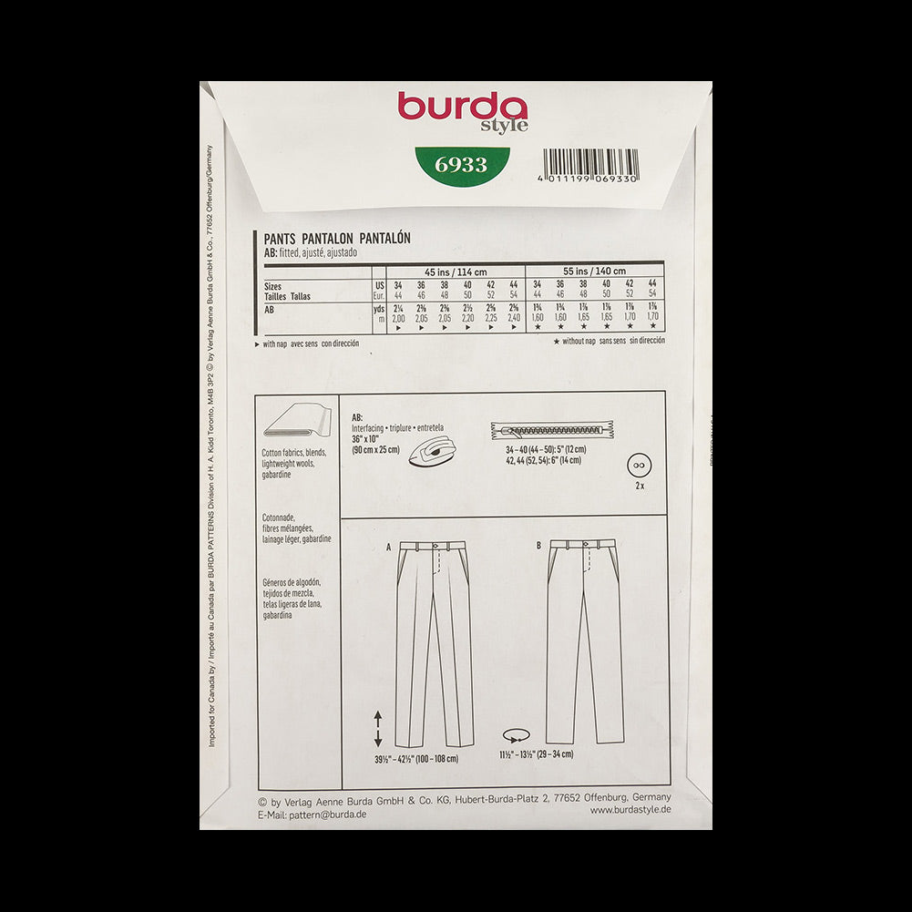 Burda Men's Pants Pattern 6933 Size US 34-44 Detail Burda Men's Pants Pattern 6933 Size US 34-44 Detail