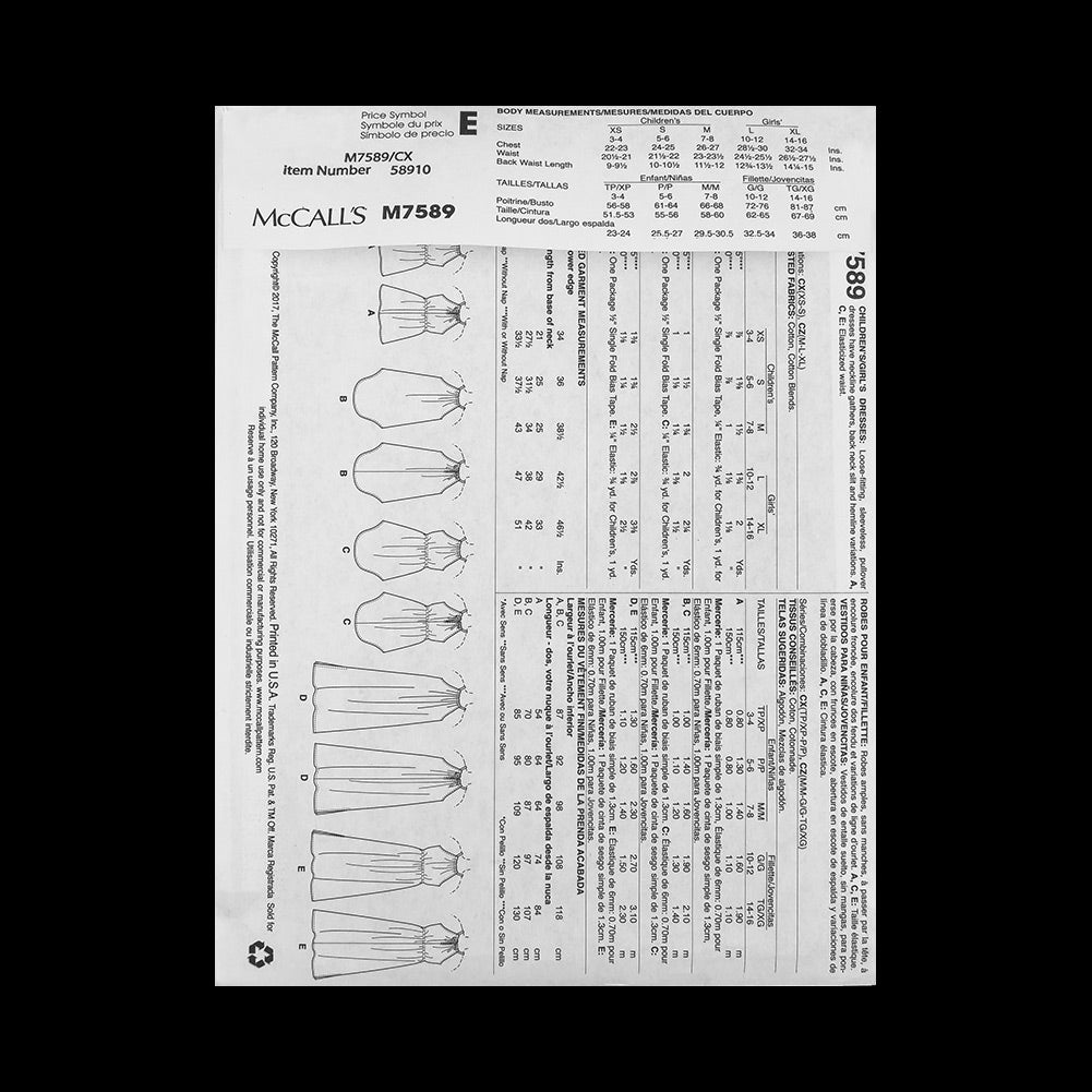McCall's Girls' Dress Pattern M7598 Size CX (XSM-SML) Detail McCall's Girls' Dress Pattern M7598 Size CX (XSM-SML) Detail