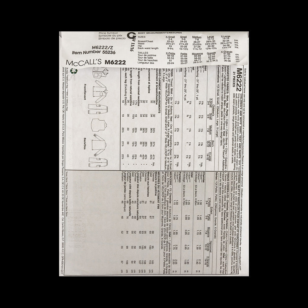 McCall's Boy's Shirt, Vest and Pants Pattern M6222 Size Z (MED-LRG-XLG) Detail McCall's Boy's Shirt, Vest and Pants Pattern M6222 Size Z (MED-LRG-XLG) Detail