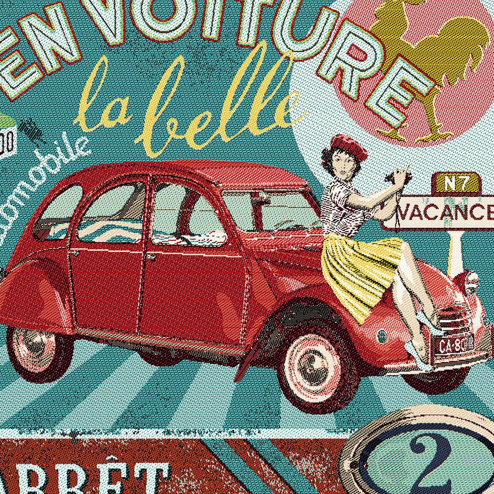 French Turquoise, Red and Pink By Car Beautiful Oversized Square Patch - 18.875" Detail French Turquoise, Red and Pink By Car Beautiful Oversized Square Patch - 18.875" Detail