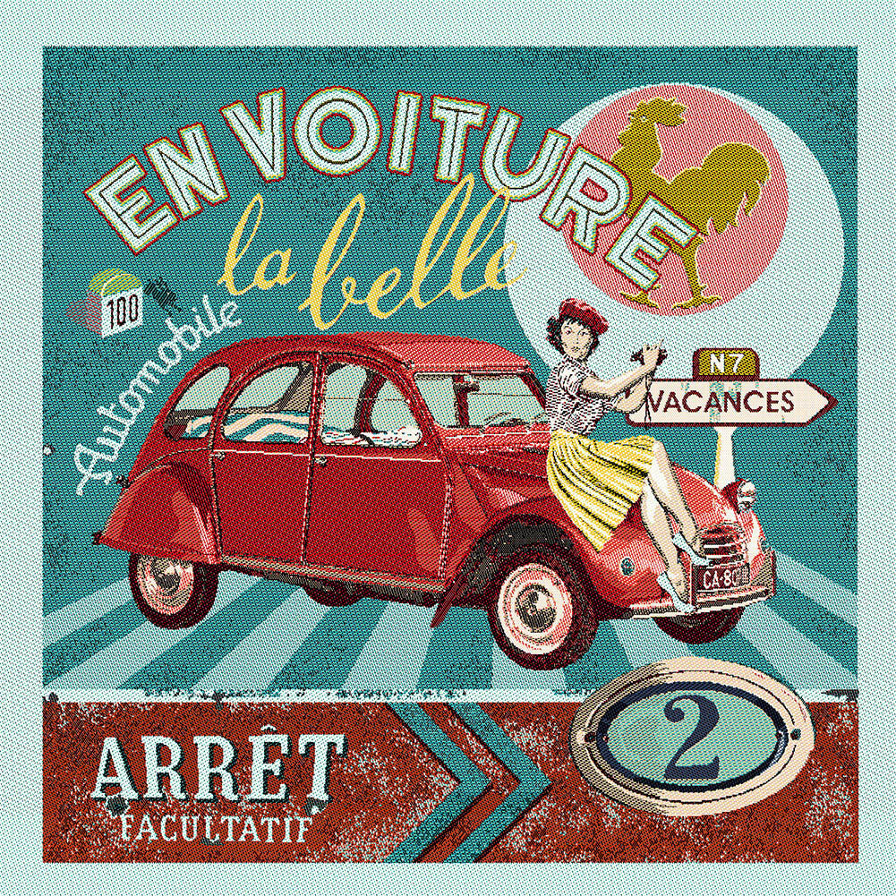French Turquoise, Red and Pink By Car Beautiful Oversized Square Patch - 18.875" French Turquoise, Red and Pink By Car Beautiful Oversized Square Patch - 18.875"