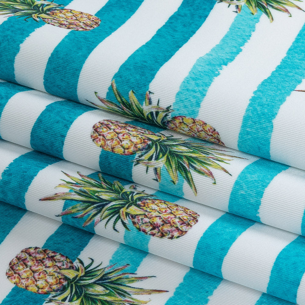 Compression Swimwear Tricot, UV Protective with Aloe Vera Microcapsules - Blue and White Painted Stripes and Pineapples - Caye Collection - Folded Compression Swimwear Tricot, UV Protective with Aloe Vera Microcapsules - Blue and White Painted Stripes and Pineapples - Caye Collection - Folded