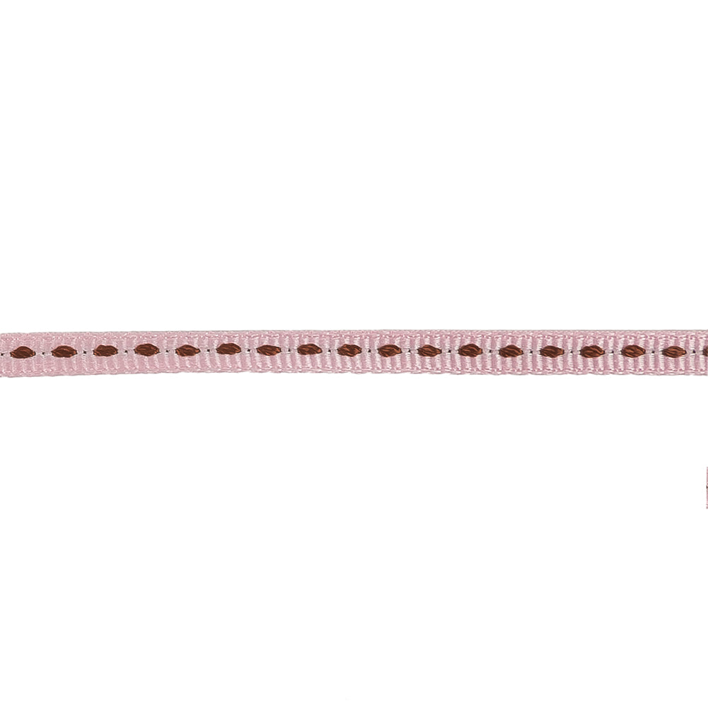 Baby Pink Grosgrain Ribbon with Brown Stitching - 0.25" Detail Baby Pink Grosgrain Ribbon with Brown Stitching - 0.25" Detail