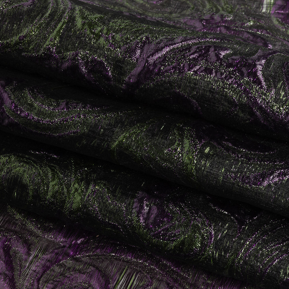 Mood Exclusive Metallic Plum Violet and Green Swirls Sheer Organza Luxury Brocade Folded Mood Exclusive Metallic Plum Violet and Green Swirls Sheer Organza Luxury Brocade Folded
