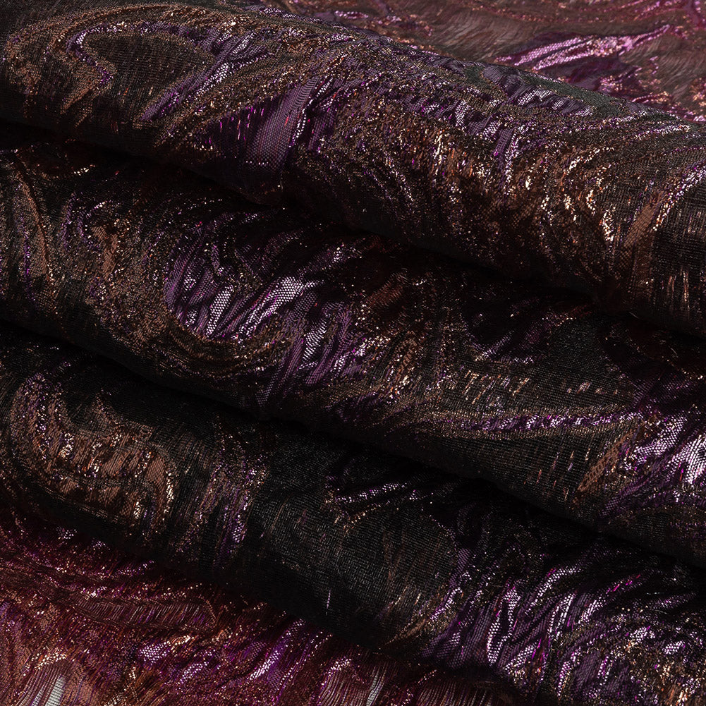 Mood Exclusive Metallic Purple and Copper Swirls Sheer Organza Luxury Brocade Folded Mood Exclusive Metallic Purple and Copper Swirls Sheer Organza Luxury Brocade Folded