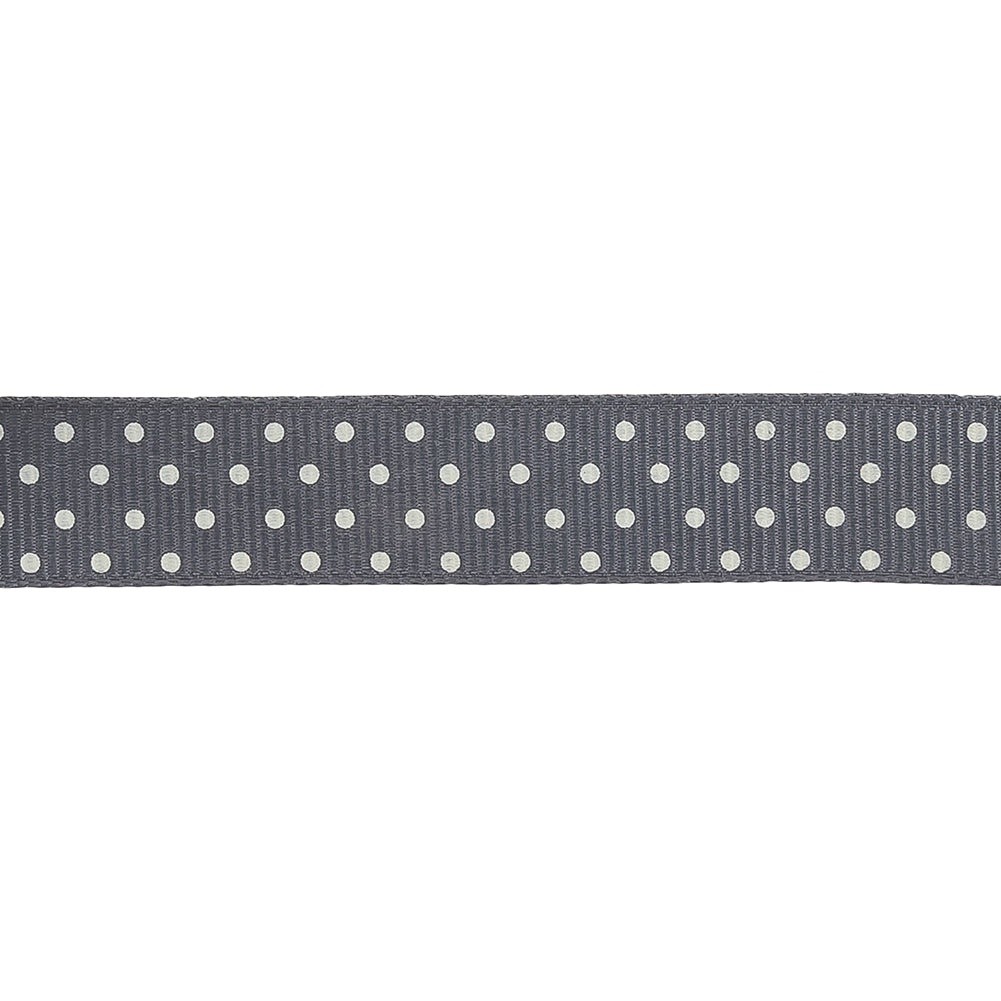Steel Gray and White Polka Dots Grosgrain Ribbon - 0.625" Detail Steel Gray and White Polka Dots Grosgrain Ribbon - 0.625" Detail