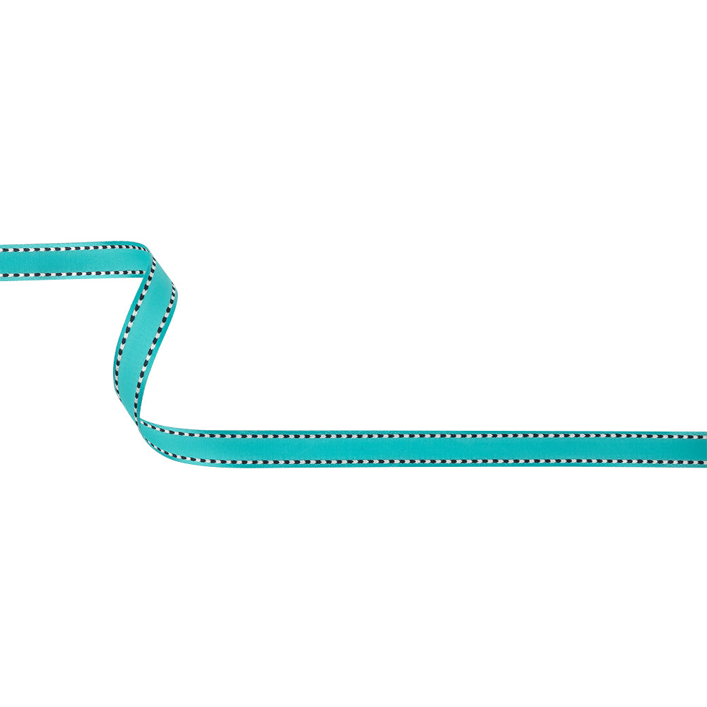 Turquoise Woven Ribbon with Navy and White Stitched Border - 0.375" Turquoise Woven Ribbon with Navy and White Stitched Border - 0.375"
