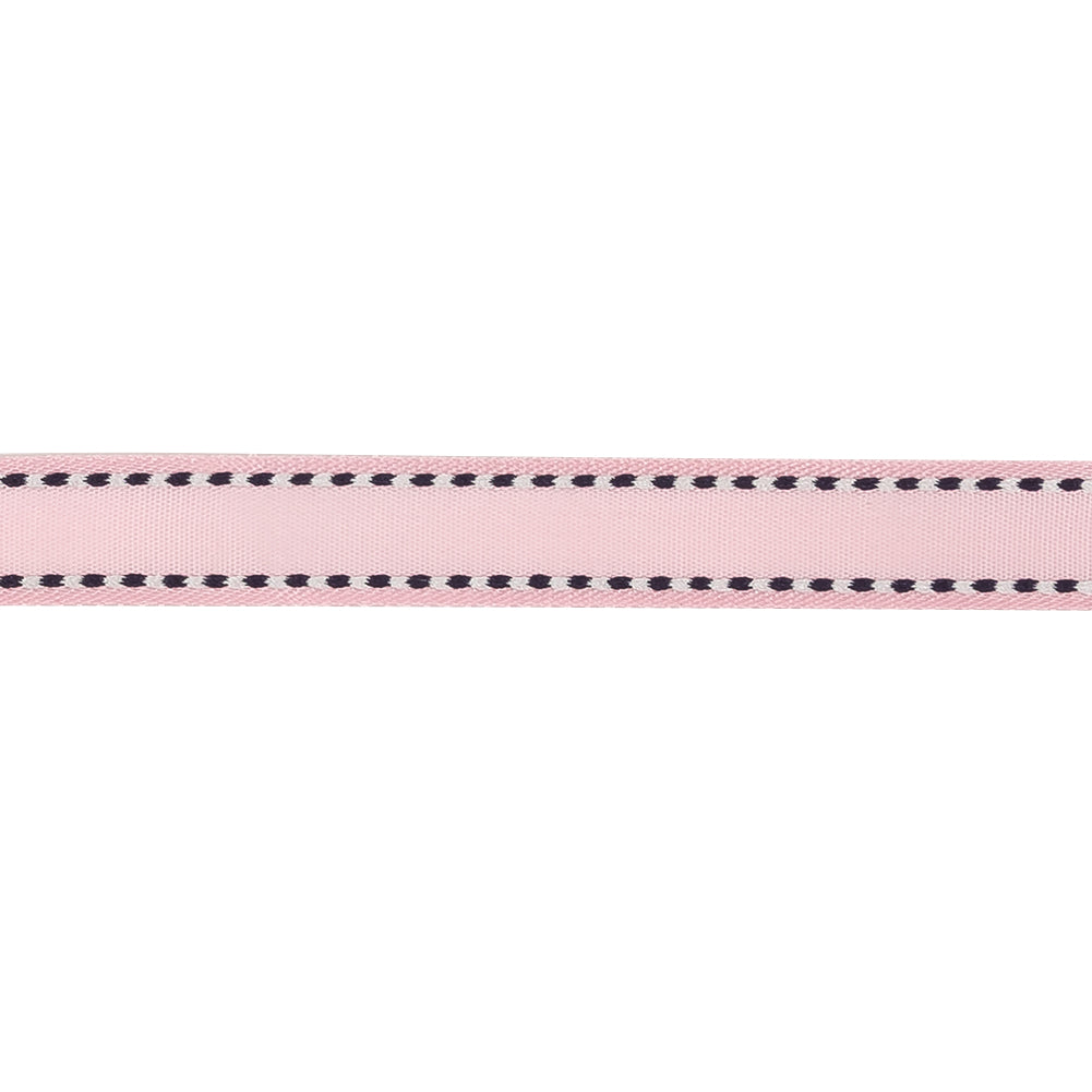 Baby Pink Woven Ribbon with Navy and White Stitched Border - 0.375" Detail Baby Pink Woven Ribbon with Navy and White Stitched Border - 0.375" Detail