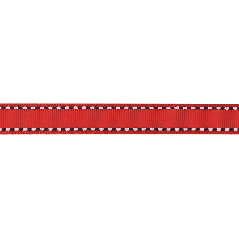 Red Woven Ribbon with Navy and White Stitched Border - 0.375" Detail Red Woven Ribbon with Navy and White Stitched Border - 0.375" Detail