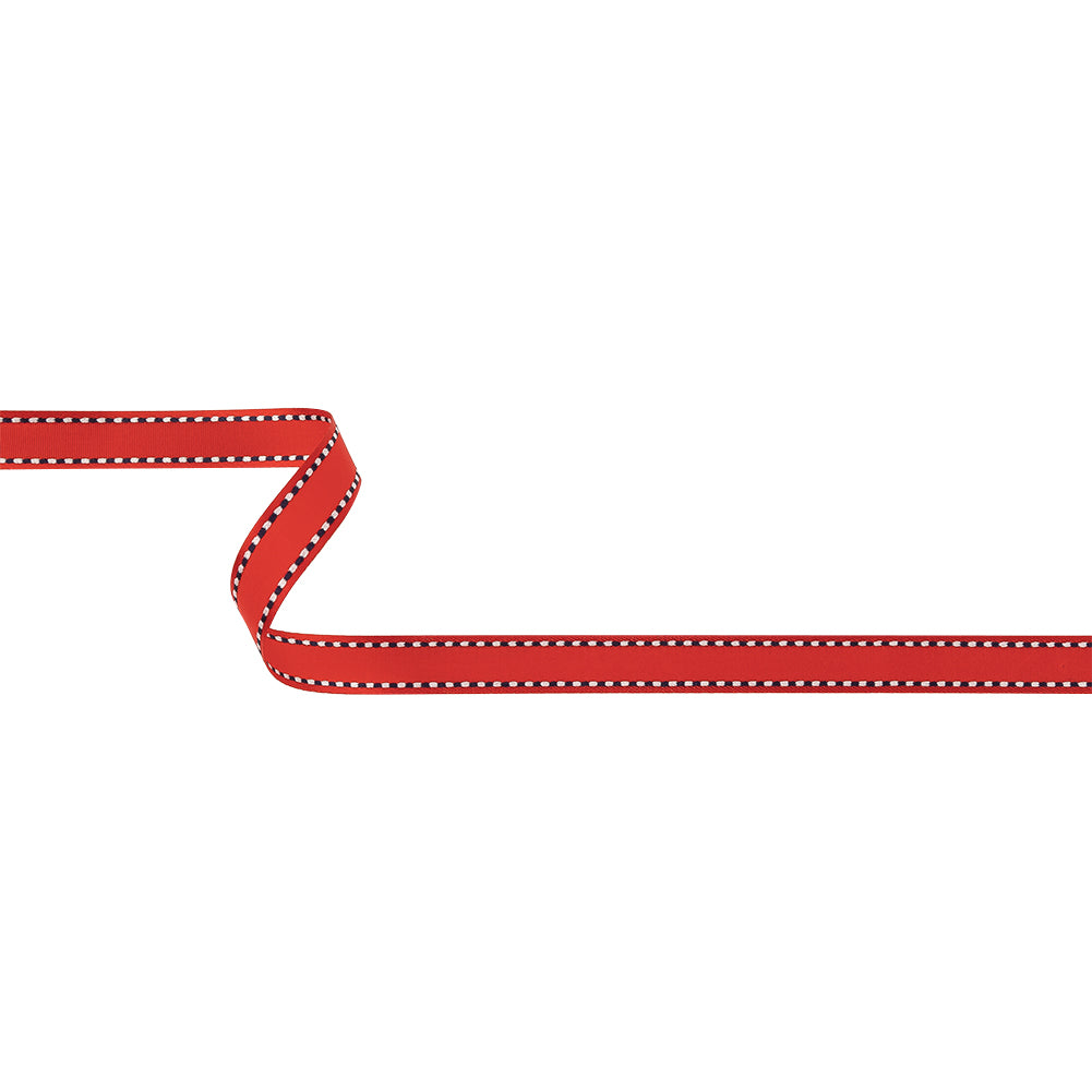 Red Woven Ribbon with Navy and White Stitched Border - 0.375" Red Woven Ribbon with Navy and White Stitched Border - 0.375"