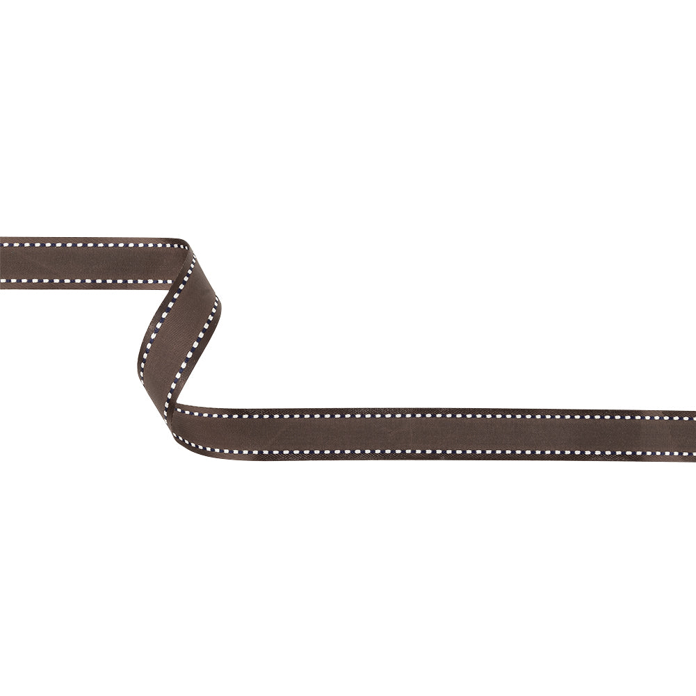 Fudge Woven Ribbon with Navy and White Stitched Border - 0.625" Fudge Woven Ribbon with Navy and White Stitched Border - 0.625"