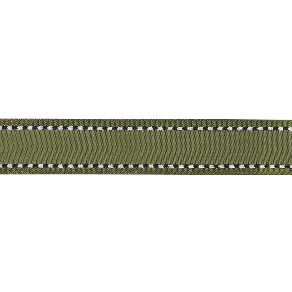 Sage Green Woven Ribbon with Navy and White Stitched Border - 0.625" Detail Sage Green Woven Ribbon with Navy and White Stitched Border - 0.625" Detail