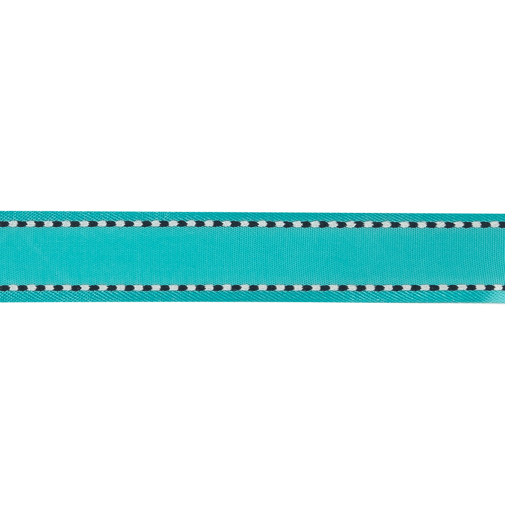 Turquoise Woven Ribbon with Navy and White Stitched Border - 0.625" Detail Turquoise Woven Ribbon with Navy and White Stitched Border - 0.625" Detail
