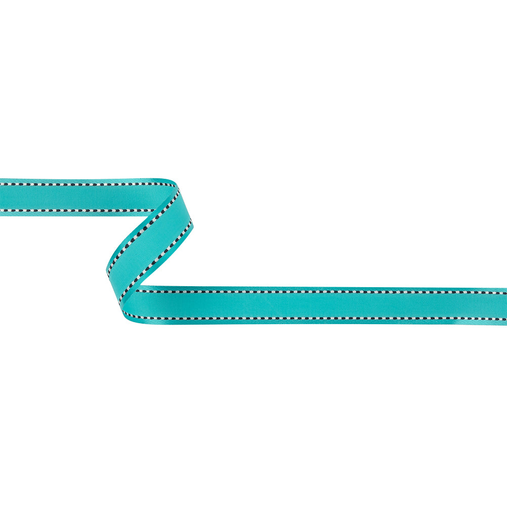 Turquoise Woven Ribbon with Navy and White Stitched Border - 0.625" Turquoise Woven Ribbon with Navy and White Stitched Border - 0.625"