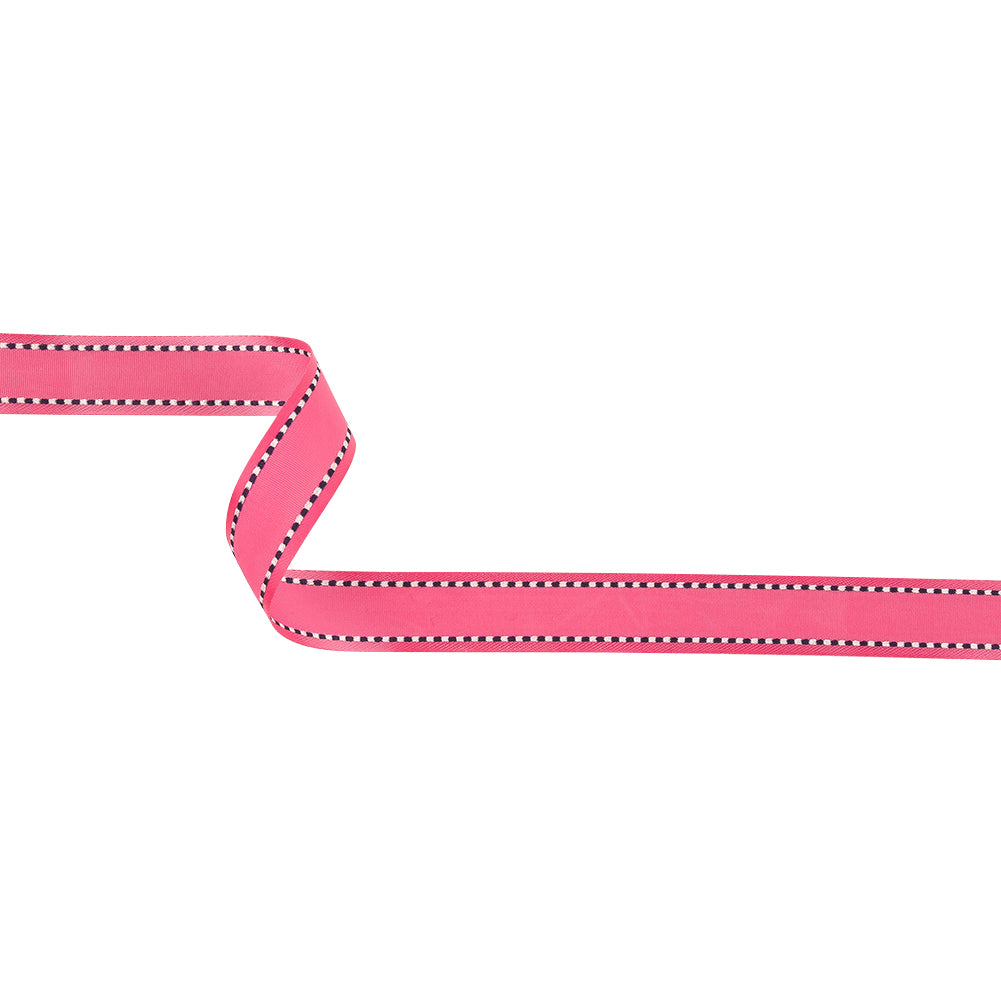 Hot Pink Woven Ribbon with Navy and White Stitched Border - 0.625" Hot Pink Woven Ribbon with Navy and White Stitched Border - 0.625"