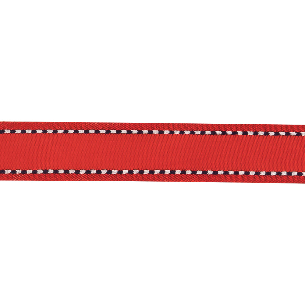 Red Woven Ribbon with Navy and White Stitched Border - 0.625" Detail Red Woven Ribbon with Navy and White Stitched Border - 0.625" Detail