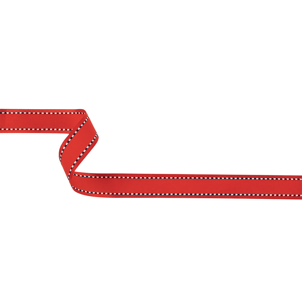 Red Woven Ribbon with Navy and White Stitched Border - 0.625" Red Woven Ribbon with Navy and White Stitched Border - 0.625"
