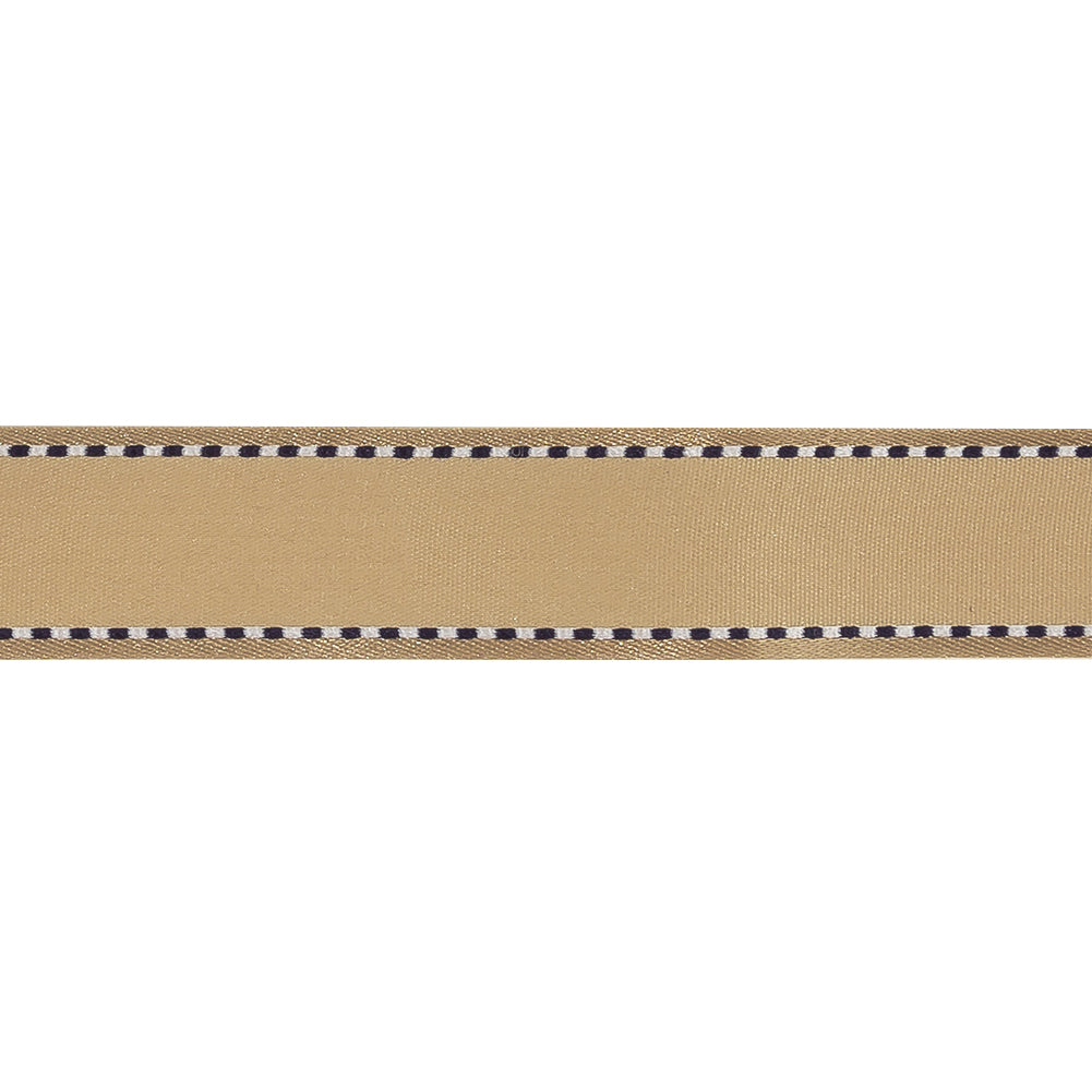 Marzipan Woven Ribbon with Navy Blazer and White Stitched Border - 0.75" Detail Marzipan Woven Ribbon with Navy Blazer and White Stitched Border - 0.75" Detail