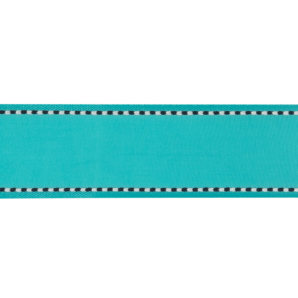 Turquoise Woven Ribbon with Navy Blazer and White Stitched Border - 1" Detail Turquoise Woven Ribbon with Navy Blazer and White Stitched Border - 1" Detail