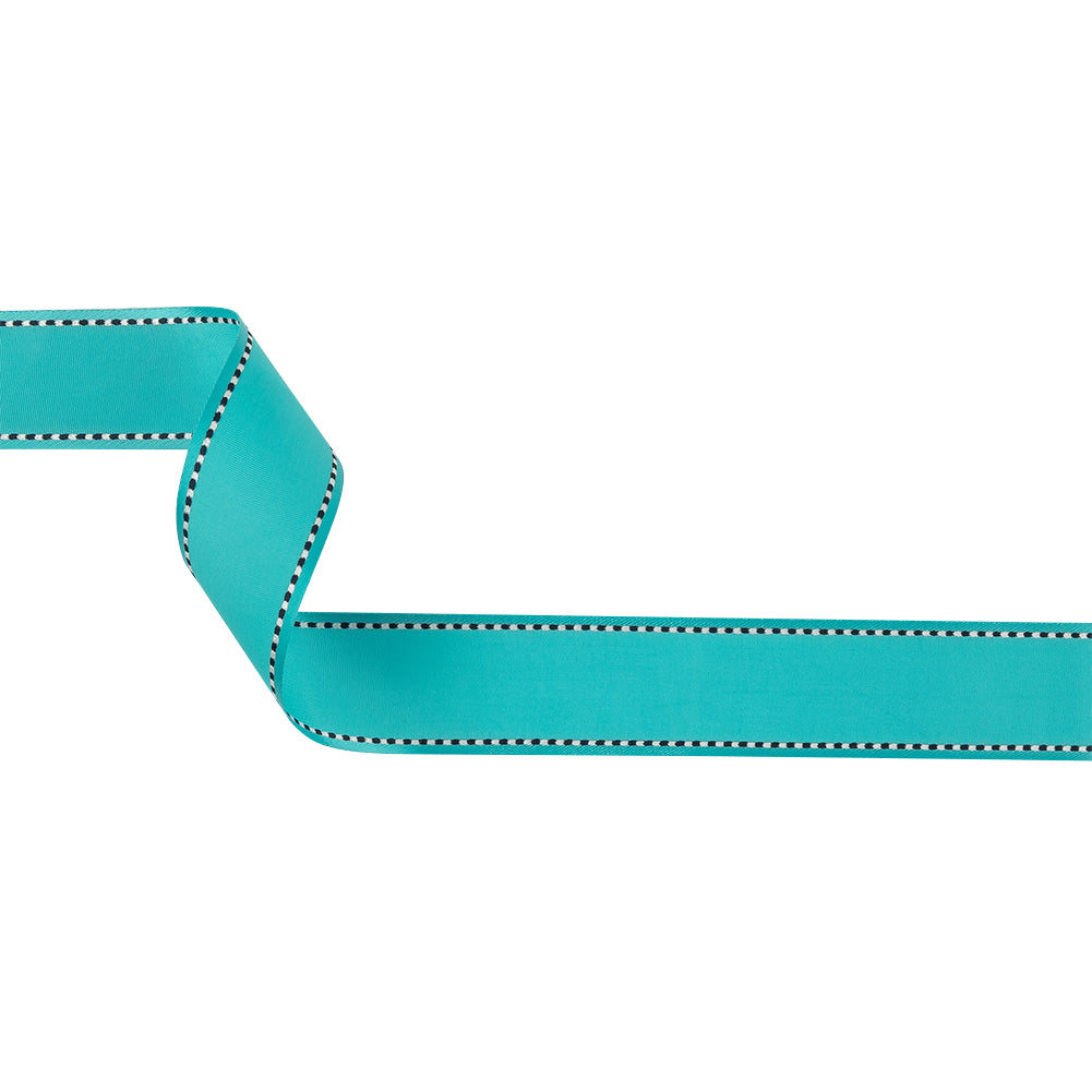 Turquoise Woven Ribbon with Navy Blazer and White Stitched Border - 1" Turquoise Woven Ribbon with Navy Blazer and White Stitched Border - 1"