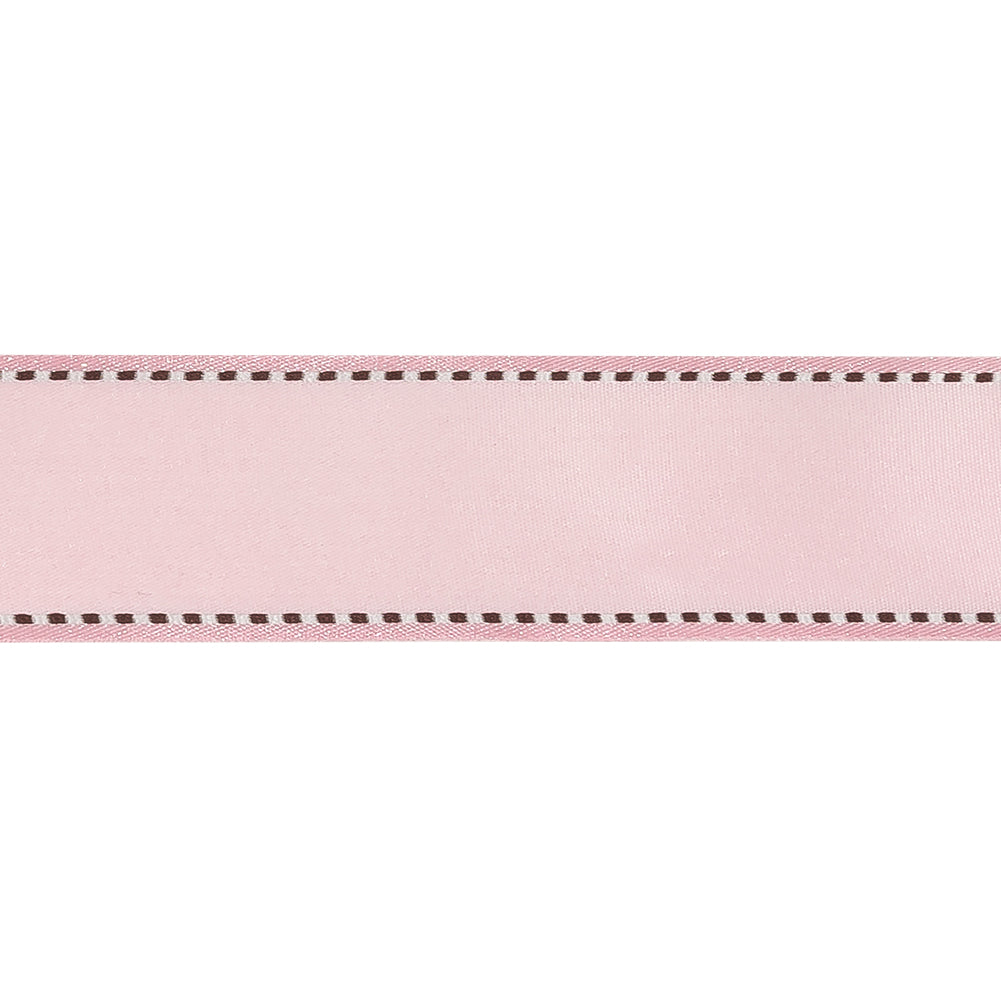 Pink Marshmallow Woven Ribbon with Brown and White Stitched Border - 1" Detail Pink Marshmallow Woven Ribbon with Brown and White Stitched Border - 1" Detail