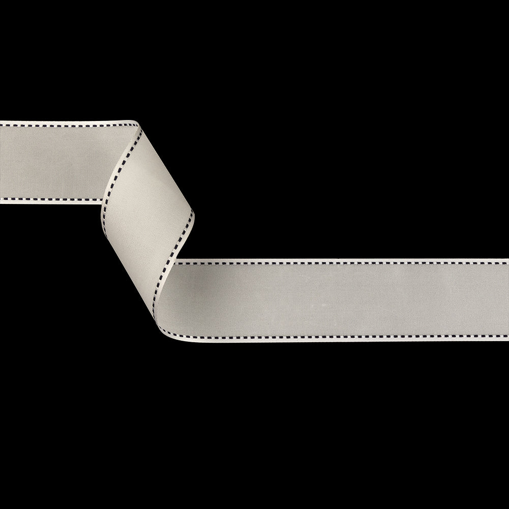 White Woven Ribbon with Black and White Stitched Border - 1.375" White Woven Ribbon with Black and White Stitched Border - 1.375"