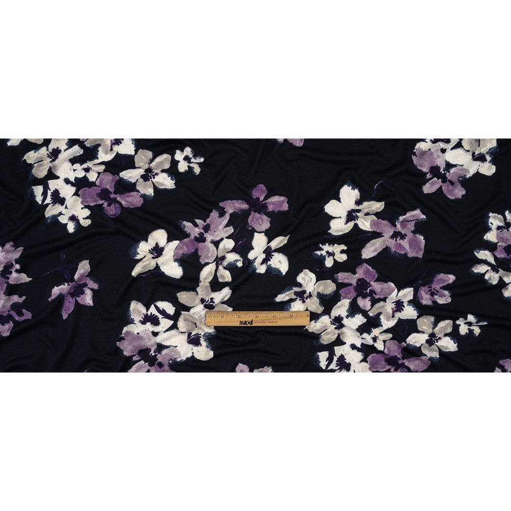 Navy, White and Purple Floral Stretch Polyester Sweater Knit Full Navy, White and Purple Floral Stretch Polyester Sweater Knit Full