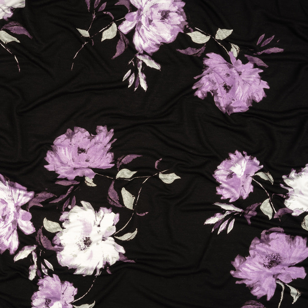 1 Yard of Black and English Lavender Floral Stretch Rayon Jersey 1 Yard of Black and English Lavender Floral Stretch Rayon Jersey