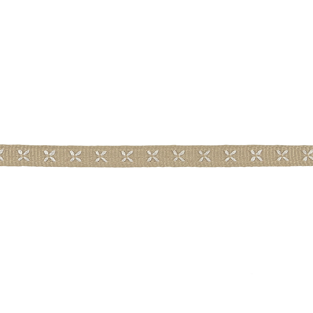 Beige Grosgrain Ribbon with Blanc de Blanc Stitched Flowers - 0.25" Detail Beige Grosgrain Ribbon with Blanc de Blanc Stitched Flowers - 0.25" Detail