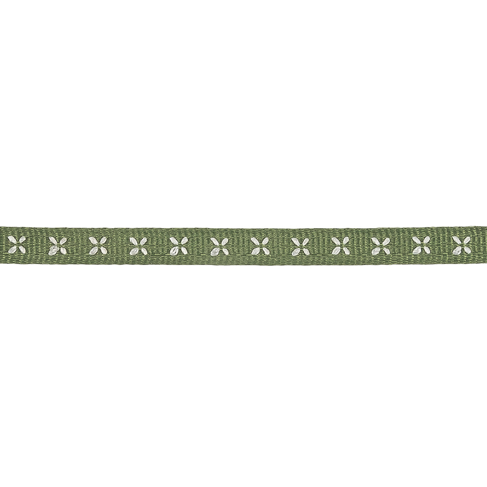 Epsom Green Grosgrain Ribbon with Blanc de Blanc Stitched Flowers - 0.25" Detail Epsom Green Grosgrain Ribbon with Blanc de Blanc Stitched Flowers - 0.25" Detail