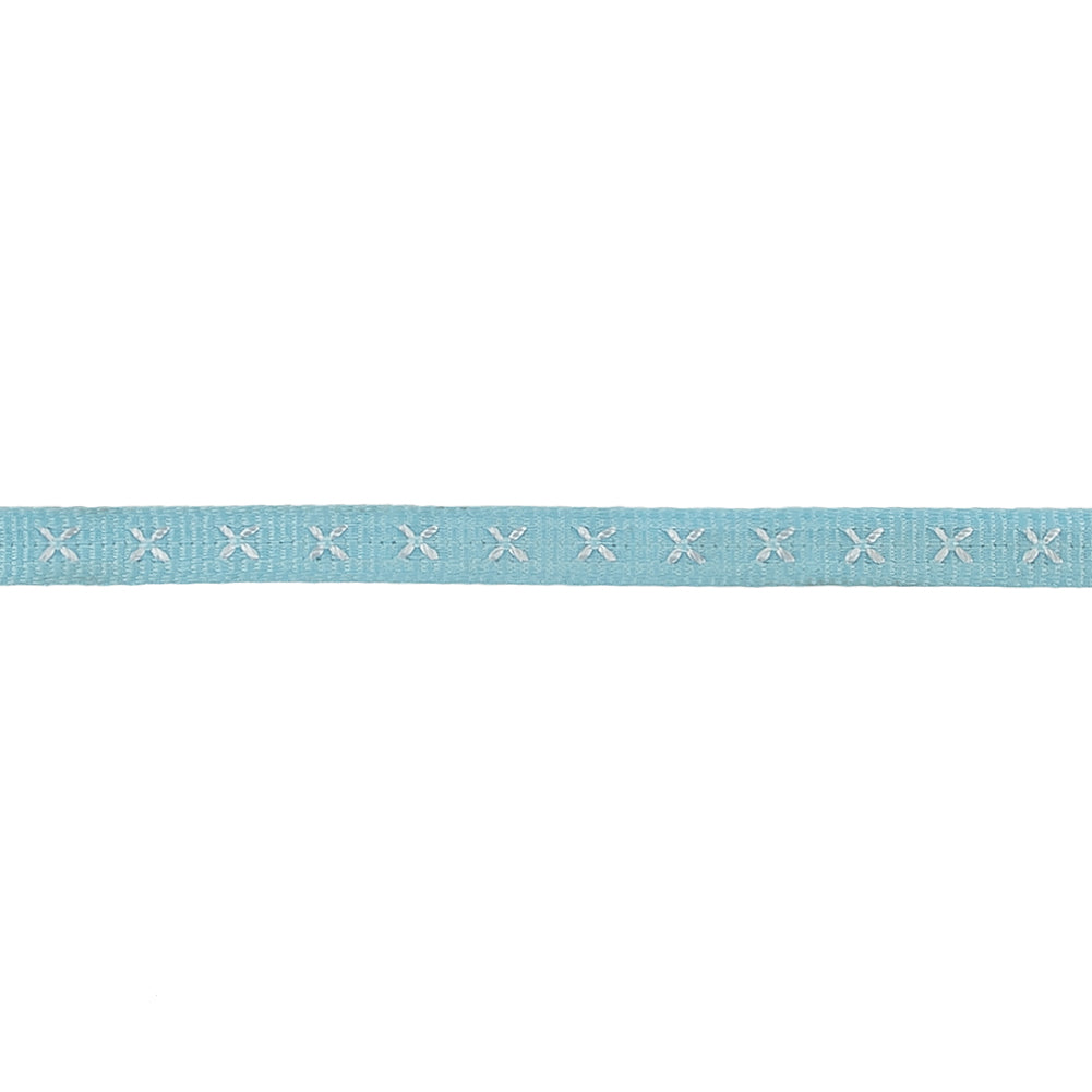 Sky Blue Grosgrain Ribbon with Blanc de Blanc Stitched Flowers - 0.25" Detail Sky Blue Grosgrain Ribbon with Blanc de Blanc Stitched Flowers - 0.25" Detail