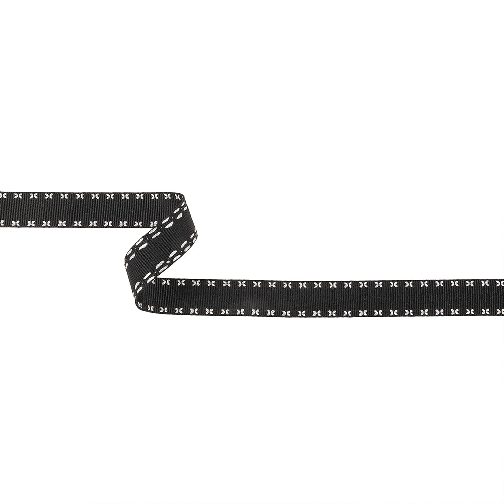 Black Onyx Grosgrain Ribbon with Blanc de Blanc Stitched Floral Borders - 0.625" Black Onyx Grosgrain Ribbon with Blanc de Blanc Stitched Floral Borders - 0.625"