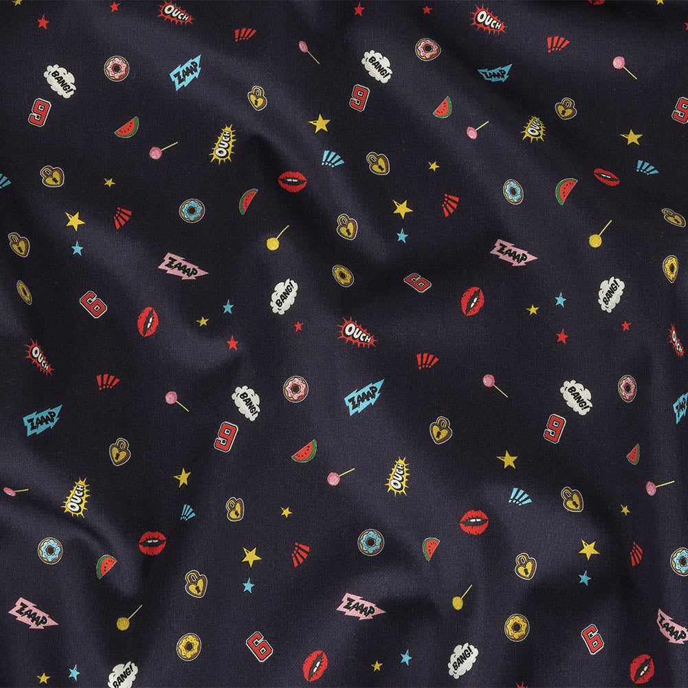 Stretch Cotton Sateen - Navy Pop Icons - Candy & Combat Print - Mood Exclusive Comic Collection Stretch Cotton Sateen - Navy Pop Icons - Candy & Combat Print - Mood Exclusive Comic Collection
