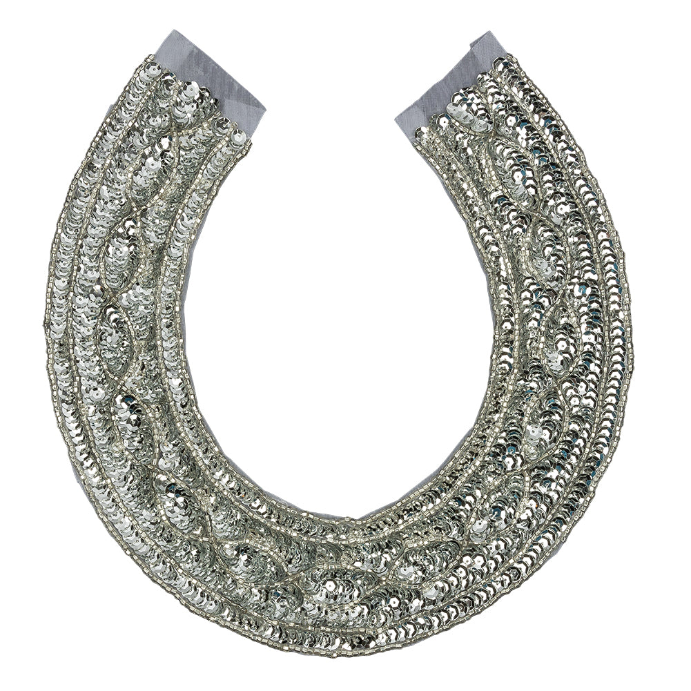 Vintage Metallic Silver Sequined and Beaded Collar Applique - 9.75" X 9.25" Vintage Metallic Silver Sequined and Beaded Collar Applique - 9.75" X 9.25"