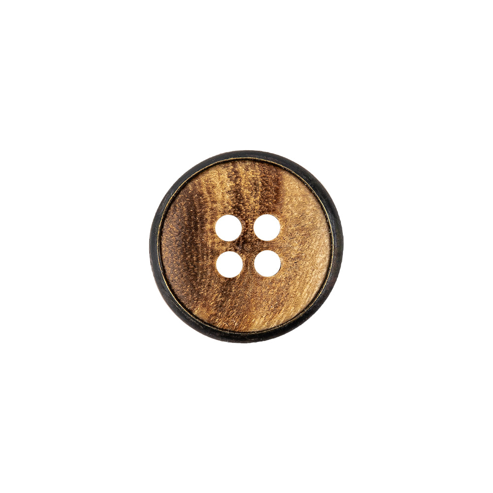 Portuguese Natural Wood Set-in Gunmetal 4-Hole Button - 24L/15mm Detail Portuguese Natural Wood Set-in Gunmetal 4-Hole Button - 24L/15mm Detail